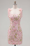 Floral Pink Bodycon Thick Straps Sequins Homecoming Dress