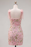 Floral Pink Bodycon Thick Straps Sequins Homecoming Dress