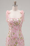 Floral Pink Bodycon Thick Straps Sequins Homecoming Dress