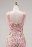 Floral Pink Bodycon Thick Straps Sequins Homecoming Dress