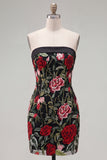 Strapless Black Red Flower Bodycon Homecoming Dress