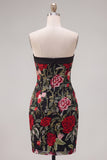 Strapless Black Red Flower Bodycon Homecoming Dress