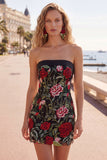 Strapless Black Red Flower Bodycon Homecoming Dress
