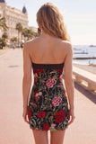 Strapless Black Red Flower Bodycon Homecoming Dress