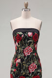 Strapless Black Red Flower Bodycon Homecoming Dress
