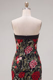 Strapless Black Red Flower Bodycon Homecoming Dress