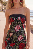 Strapless Black Red Flower Bodycon Homecoming Dress