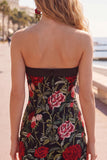 Strapless Black Red Flower Bodycon Homecoming Dress