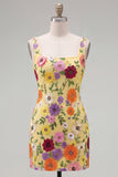 Square Neck Yellow Bodycon Floral Homecoming Dress