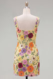 Square Neck Yellow Bodycon Floral Homecoming Dress