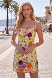Square Neck Yellow Bodycon Floral Homecoming Dress