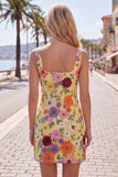 Square Neck Yellow Bodycon Floral Homecoming Dress
