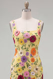 Square Neck Yellow Bodycon Floral Homecoming Dress