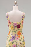 Square Neck Yellow Bodycon Floral Homecoming Dress