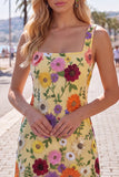 Square Neck Yellow Bodycon Floral Homecoming Dress