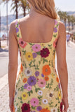 Square Neck Yellow Bodycon Floral Homecoming Dress