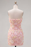 Strapless Bodycon Pink Floral Homecoming Dress with Beading
