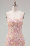 Strapless Bodycon Pink Floral Homecoming Dress with Beading