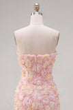 Strapless Bodycon Pink Floral Homecoming Dress with Beading