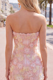 Strapless Bodycon Pink Floral Homecoming Dress with Beading