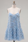 Spaghetti Straps A-Line Blue Floral Homecoming Dress with Beading