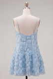 Spaghetti Straps A-Line Blue Floral Homecoming Dress with Beading