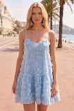 Spaghetti Straps A-Line Blue Floral Homecoming Dress with Beading