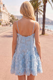 Spaghetti Straps A-Line Blue Floral Homecoming Dress with Beading