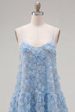 Spaghetti Straps A-Line Blue Floral Homecoming Dress with Beading