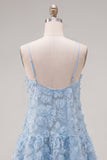 Spaghetti Straps A-Line Blue Floral Homecoming Dress with Beading
