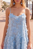 Spaghetti Straps A-Line Blue Floral Homecoming Dress with Beading