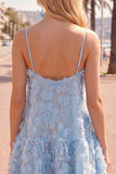 Spaghetti Straps A-Line Blue Floral Homecoming Dress with Beading