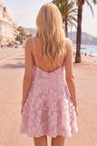 Spaghetti Straps A-Line Blue Floral Homecoming Dress with Beading