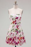 A-Line Pink Red Flower Spaghetti Straps Homecoming Dress