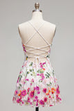 A-Line Pink Red Flower Spaghetti Straps Homecoming Dress