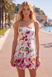 A-Line Pink Red Flower Spaghetti Straps Homecoming Dress