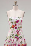 A-Line Pink Red Flower Spaghetti Straps Homecoming Dress