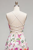 A-Line Pink Red Flower Spaghetti Straps Homecoming Dress