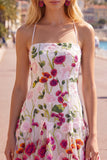 A-Line Pink Red Flower Spaghetti Straps Homecoming Dress