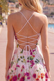 A-Line Pink Red Flower Spaghetti Straps Homecoming Dress