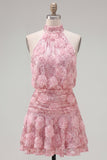 Halter Pink A-Line Sequins Homecoming Dress with 3D Flowers