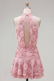 Halter Pink A-Line Sequins Homecoming Dress with 3D Flowers