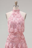 Halter Pink A-Line Sequins Homecoming Dress with 3D Flowers