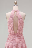 Halter Pink A-Line Sequins Homecoming Dress with 3D Flowers
