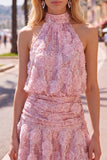 Halter Pink A-Line Sequins Homecoming Dress with 3D Flowers