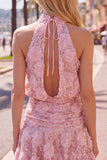 Halter Pink A-Line Sequins Homecoming Dress with 3D Flowers
