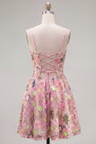 A-Line Spaghetti Straps Pink Floral Embroidered Homecoming Dress