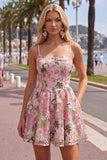 A-Line Spaghetti Straps Pink Floral Embroidered Homecoming Dress
