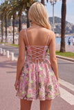 A-Line Spaghetti Straps Pink Floral Embroidered Homecoming Dress