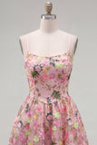 A-Line Spaghetti Straps Pink Floral Embroidered Homecoming Dress